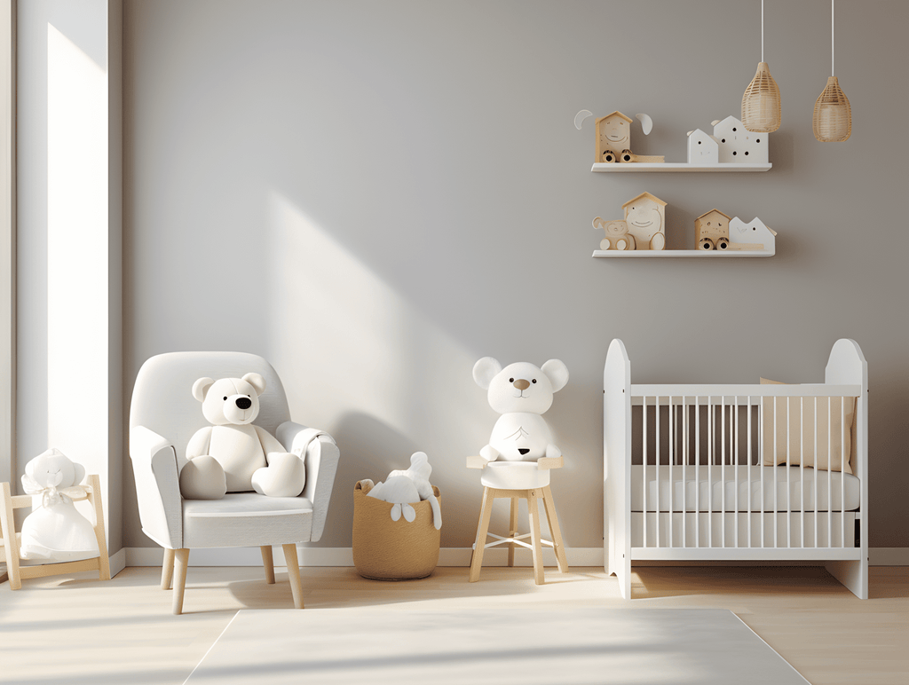 Image of baby's nursery with white crib and stuffed animals on a rocking chair